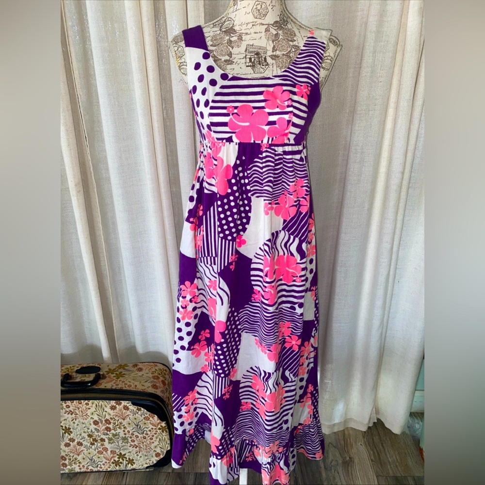 Nalii Honolulu Vintage Bright Multicolor Floral Sleeveless Tie Back Maxi Dress 9